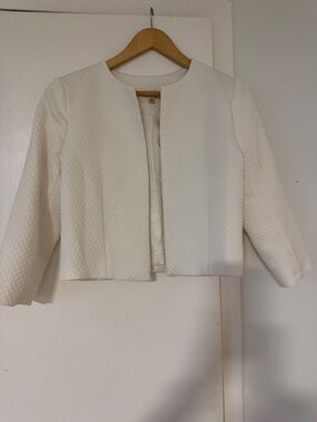 Miss Selfridge White Textured Cropped Open-Front Jacket.